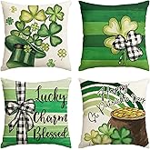 AVOIN colorlife Happy ST Patricks Day Lucky Charm Blessed Hat Clover Stripes Throw Pillow Covers, 18 x 18 Inch Buffalo Plaid Bow Shamrocks Decoration for Sofa Couch Set of 4