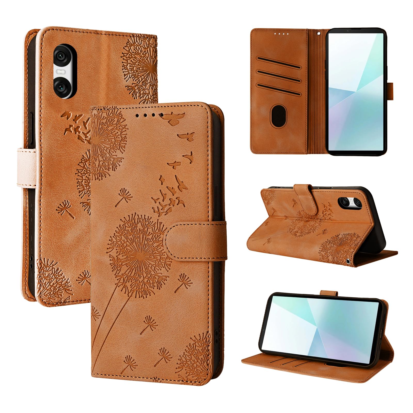 Rostsant Case for Sony Xperia 10 VI 5G Dandelion Cover Premium PU Leather Flip Phone Case Wallet Card Slots Protective Cover for Sony Xperia 10 VI 5G Brown
