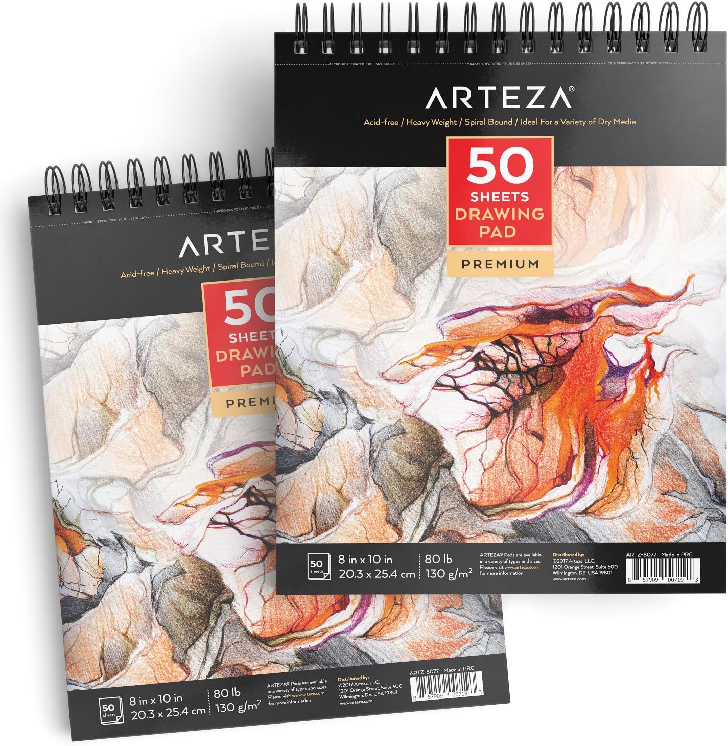 Arteza 8X10” Drawing Pad, Pack of 2, 100 Sheets (80lb/130g), Spiral Bound Artist Drawing Books, 50 Sheets Each, Durable Acid Free Drawing Paper, Ideal for Kids & Adults, Bright White: Office Products