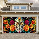 HOMETITUTE Day of the Dead Rose Skull Garage Door Cover 13x6 ft | Polyester, Sugar Skull and Roses, day of the dead decorations for garage doors, courtyard walls, garden fences