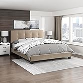 Lexicon Queen Bed Frame, Velvet Upholstered Bed with Button Tufted Headboard and Adjustable Headboard, Modern Queen Bed, No Box Spring Needed, Easy Assembly, Light Brown