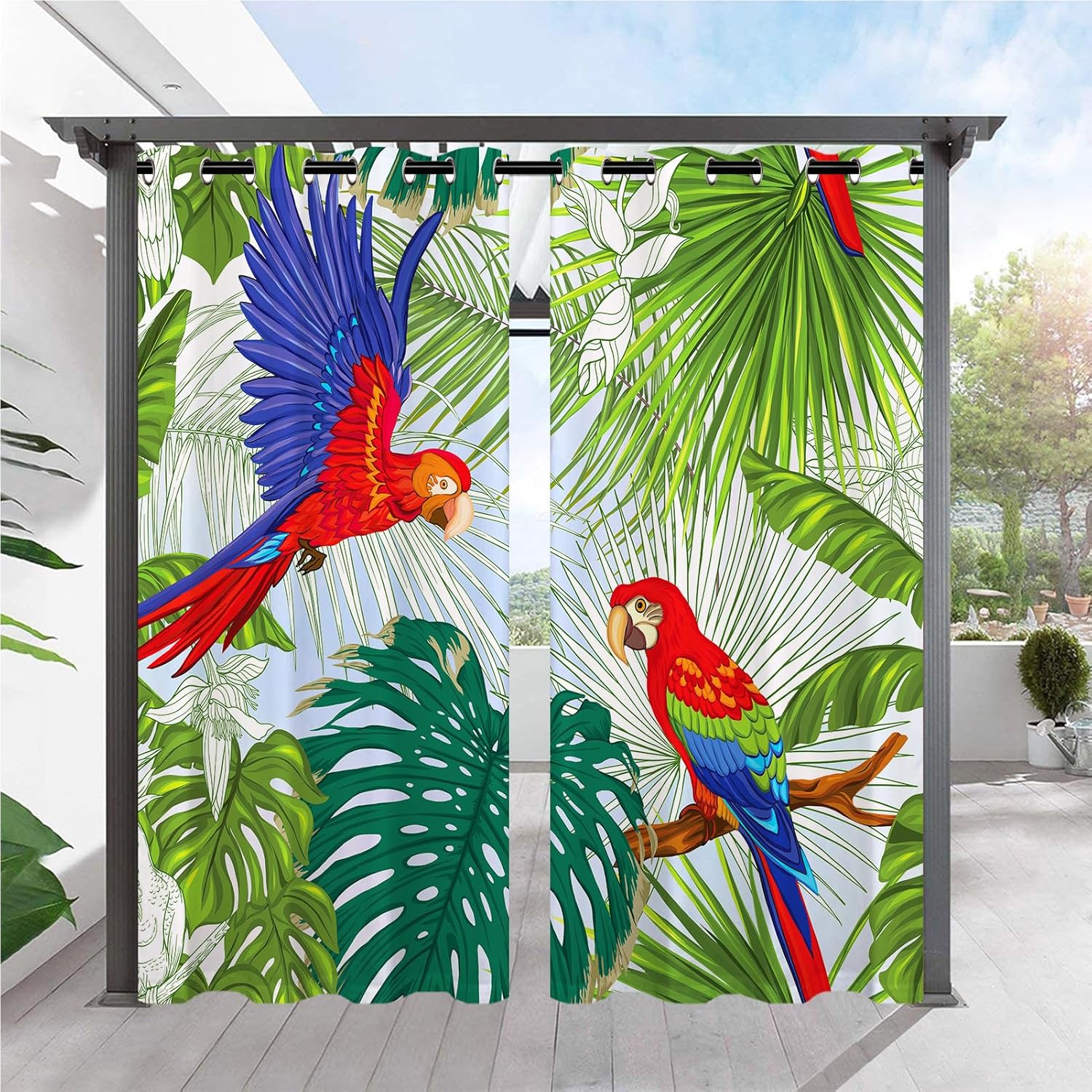 Outdoor Curtains - ANHOPE Outdoor Curtains for Patio Waterproof, Grommet Top Curtains with Tropical Plant Palm Tree Parrot Macaw Pattern for Pergola/Gazebo/Porch/Cabana/Deck/Pool, 2 Panels, 36 x 84 Inch