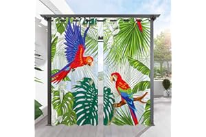 ANHOPE Outdoor Curtains for Patio Waterproof, Grommet Top Curtains with Tropical Plant Palm Tree Parrot Macaw Pattern for Pergola/Gazebo/Porch/Cabana/Deck/Pool, 2 Panels, 36 x 84 Inch