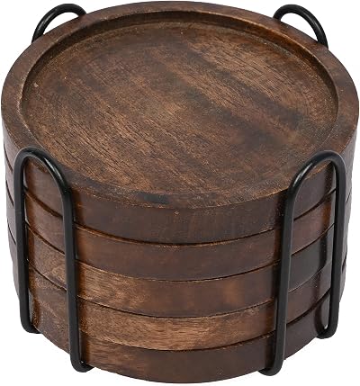 Samhita Mango Wood Coasters Set of 5 with Iron Holder Brown Round