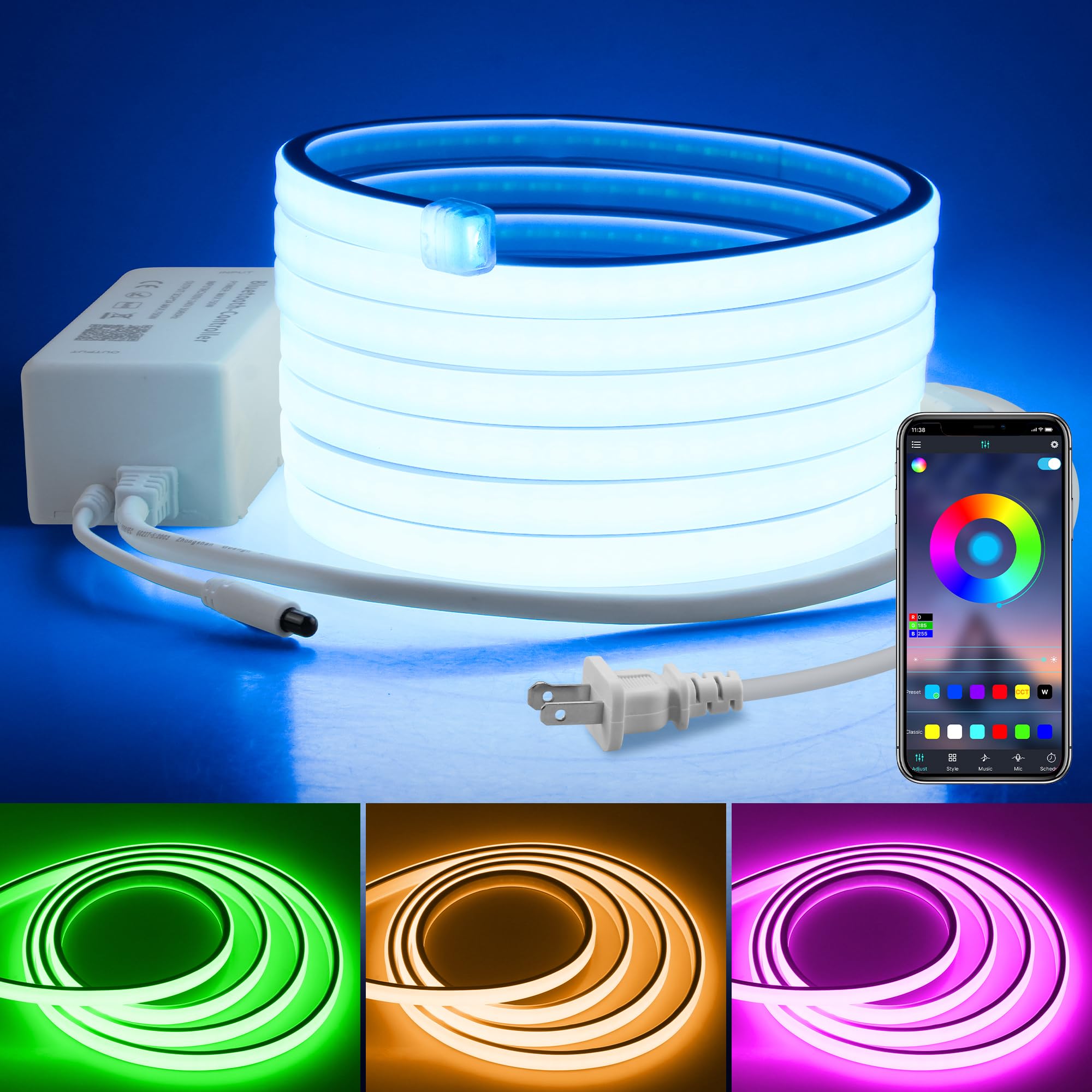 Photo 1 of 110V Bluetooth RGB COB LED Strip Light 10FT Multicolor Dimmable Flexible LED Lights Strip with Remote Music Sync Outdoor Waterproof RGB Neon COB Rope Light Plug in Color Changing AC 110V~130V IP67