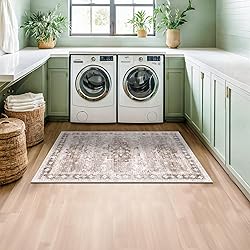 Washable Neutral Farmhouse Bedroom Rug, 3x5 Area