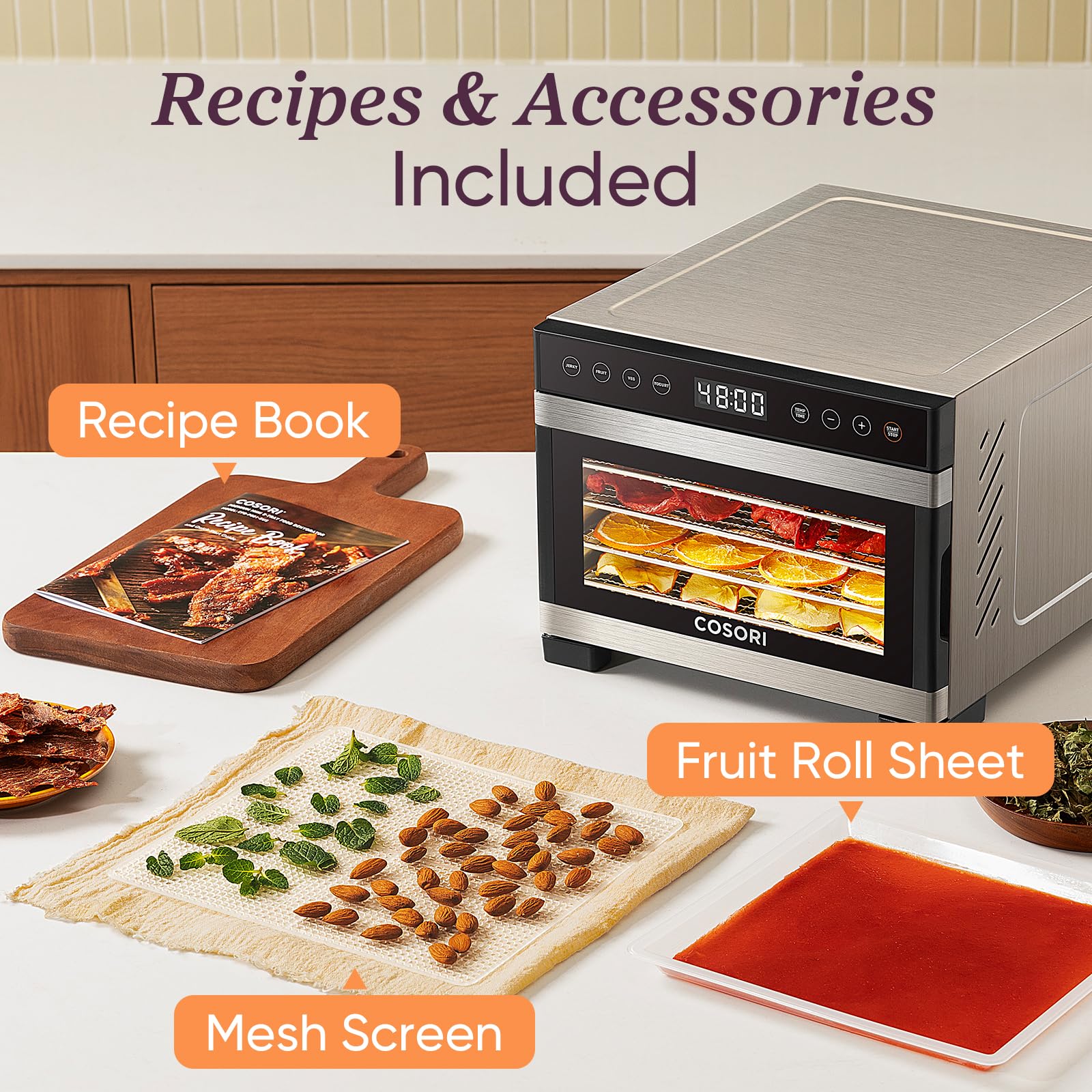 COSORI Food Dehydrator for Jerky, 176°F Temperature Control, 5 Stainless Steel Trays Dryer Machine, 4 Presets, 48H Timer, for Dog Treats, Meat, Fruit, Veggies, Snacks, Recipe Book Included