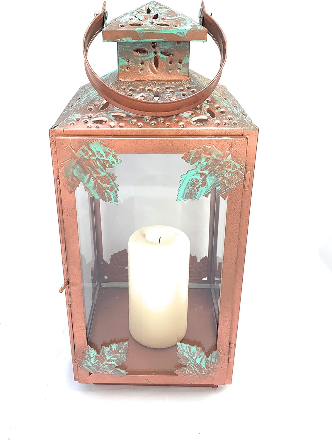 outdoor candle holder on Ideal For Wedding Christmas Holiday Vintage Copper Lantern Green Leaf Design Indoor Outdoor Garden Decor Stylish Pillar Candle Holder Decorative Hanging Tabletops Small 11x11x33cm