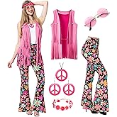 MOLLDAN Women’s 60S 70S Outfits Hippie Costume Retro Peace Sign Fringe Vest Flared Pants Set for Halloween Party