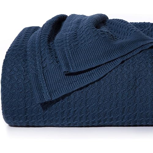 Bedsure 100% Cotton Thermal Blanket - 405GSM Soft Blanket in Waffle Weave for Home Decoration - Perfect for Layering Any Bed for All-Season - King Size (104 x 90 inches), Navy