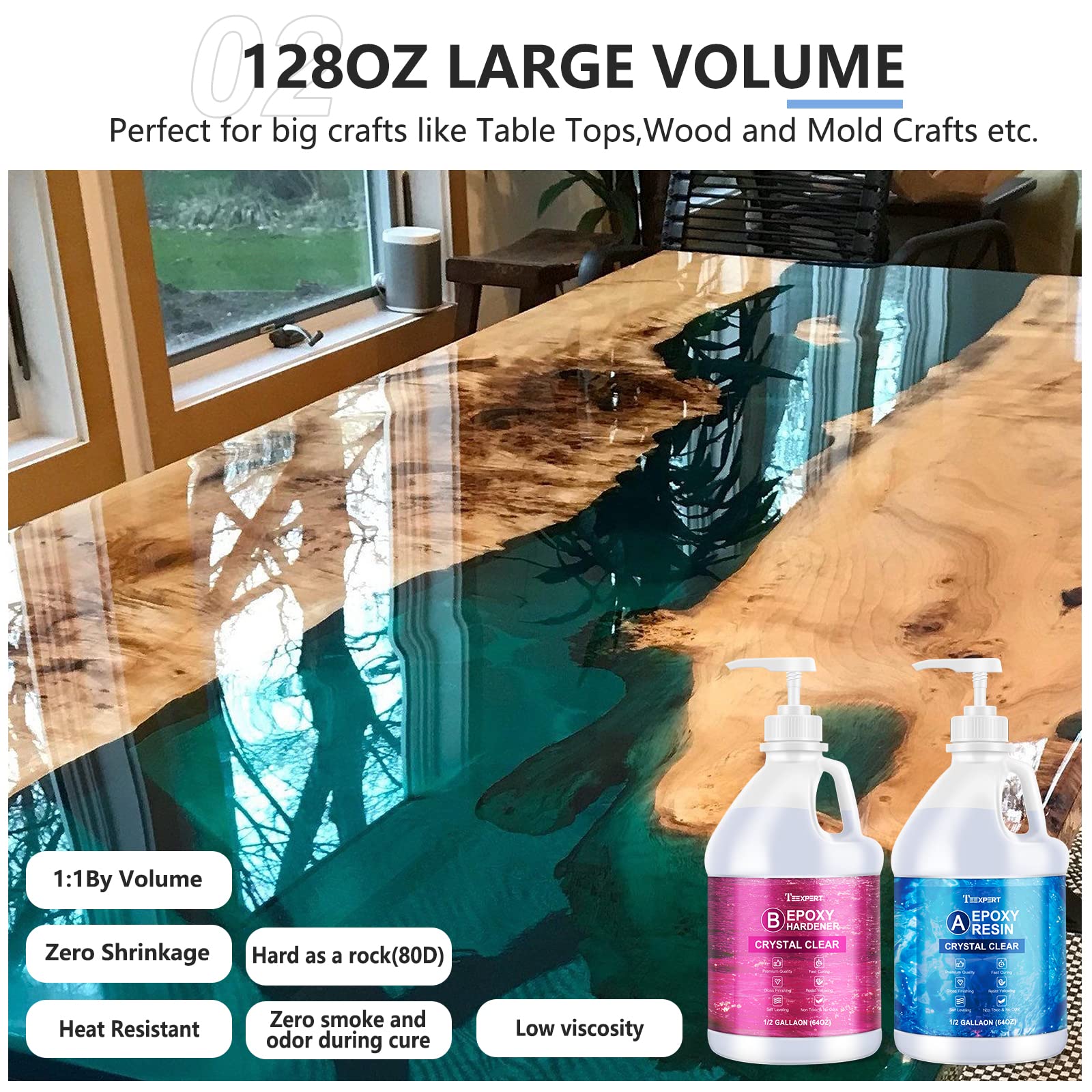 Teexpert Crystal Clear Epoxy Resin Kit 1 Gallon Self-Leveling Coating and Casting Resin, High-Gloss & Bubbles Free Resin and Hardener Kit for DIY Art, Jewelry, Table Top, Molds, Wood 1:1 Ratio