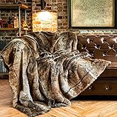 BATTILO HOME Large Brown Faux Fur Throw Blanket for Bed, Fall Fur Blanket and Throws, 60 x 80 Inches Super Soft Fuzzy Thick Warm Blankets for Couch, Reversible to Plush Velvet