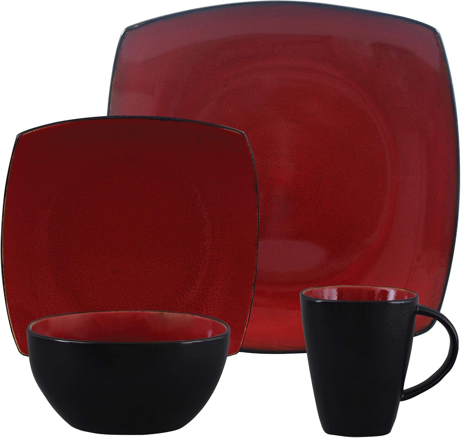 Gibson Soho Lounge 16-Piece Square Reactive Glaze Dinnerware Set, Red: Kitchen & Dining