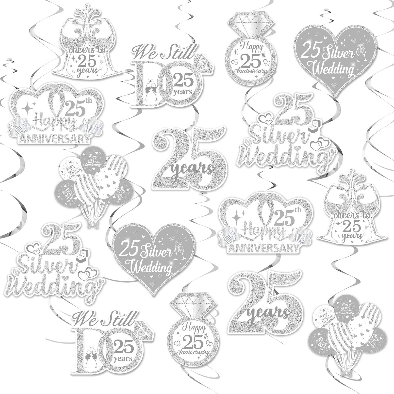 Cheereveal 24 Pieces 25th Wedding Anniversary Decorations, 25th Silver Wedding Anniversary Hanging Swirls, Ceiling Decorations for Couple, Happy Anniversary Valentine Party Supplies