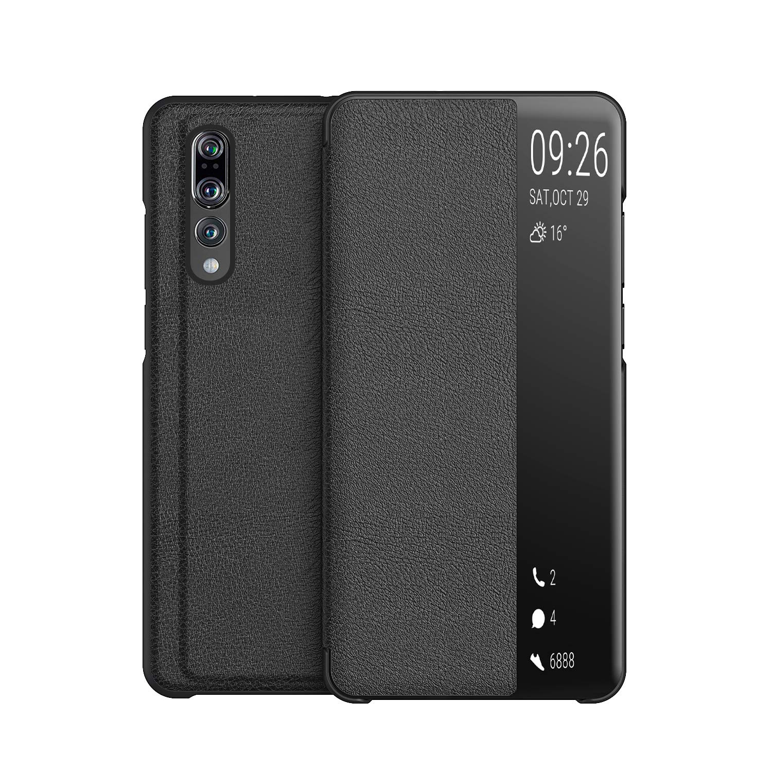 KANSi compatible for Huawei P20 Pro Case, Smart View Flip PU Leather Case Cover + Tempered Glass - Black