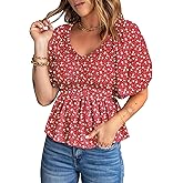 Acelitt Women's Spring Summer Puff Short Sleeve Peplum Top Casual V Neck Smocked Blouses Dressy Shirt