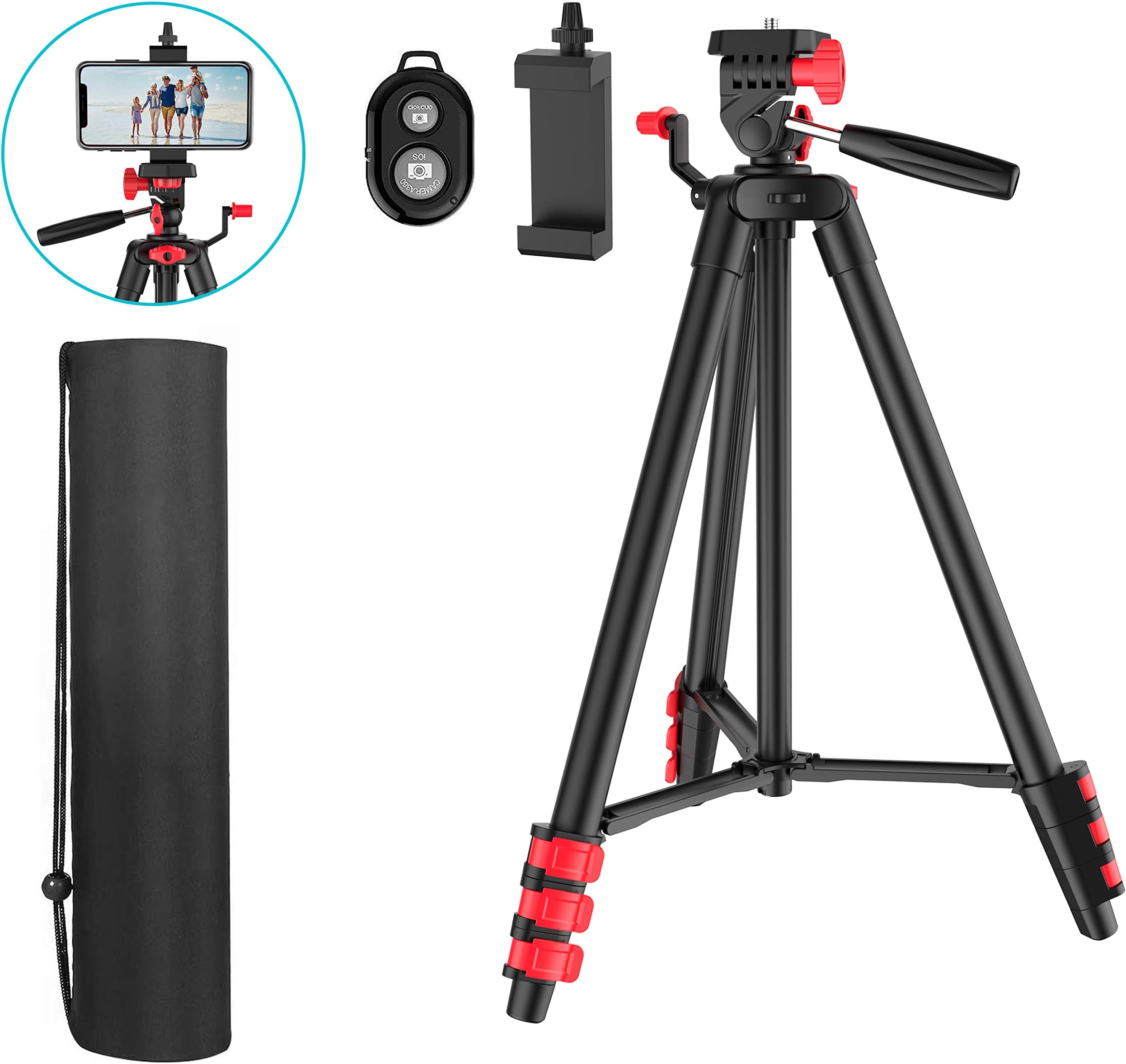 Phone Tripod,50’’Camera Tripod Portable Aluminum Lightweight,Cell Phone Tripod with Carrying Bag,Rotating Moun and Wireless Bluetooth Remote for iPhone 8/X/Xr,Samsung 9,Huawei,Google&More Smartphone.