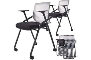 BLANEDUO, 10 Pack Foldable Office Chair with PU Wheels and Sliding Armrest-Ergonomic Mesh Bouncing Back, Stackable Conference Room Chair, Office Guest & Reception & Meeting Chair (Black)
