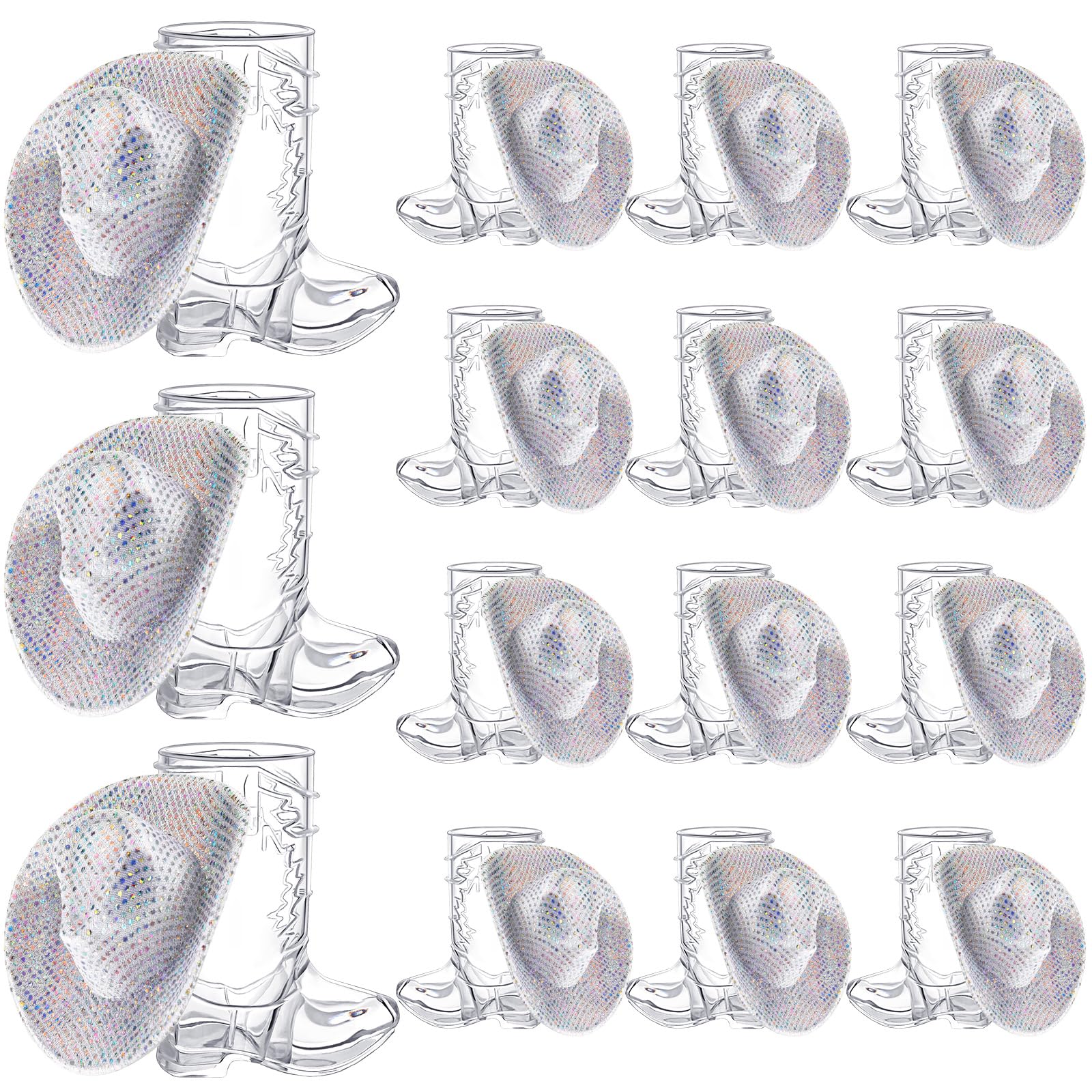 Photo 1 of **----8 sets only----**Vesici Mini Cowgirl Hat Western Cowboy Boot Shot Glasses Tiny Cowgirl Glitter Sequin Silver Cowboy Hat Disco Party Supply Dollhouse Decor