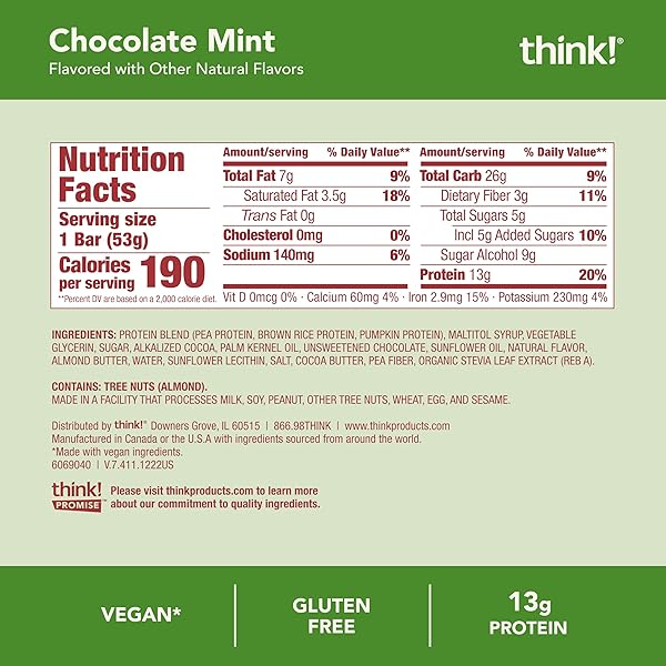 THINK! VEGAN/PLANT BASED HIGH PROTEIN BARS – CHOCOLATE MINT, 13G PROTEIN, 5G SUGAR, NO ARTIFICIAL SWEETENERS, NON GMO PROJECT VERIFIED, 10 COUNT (PACKAGING MAY VARY)