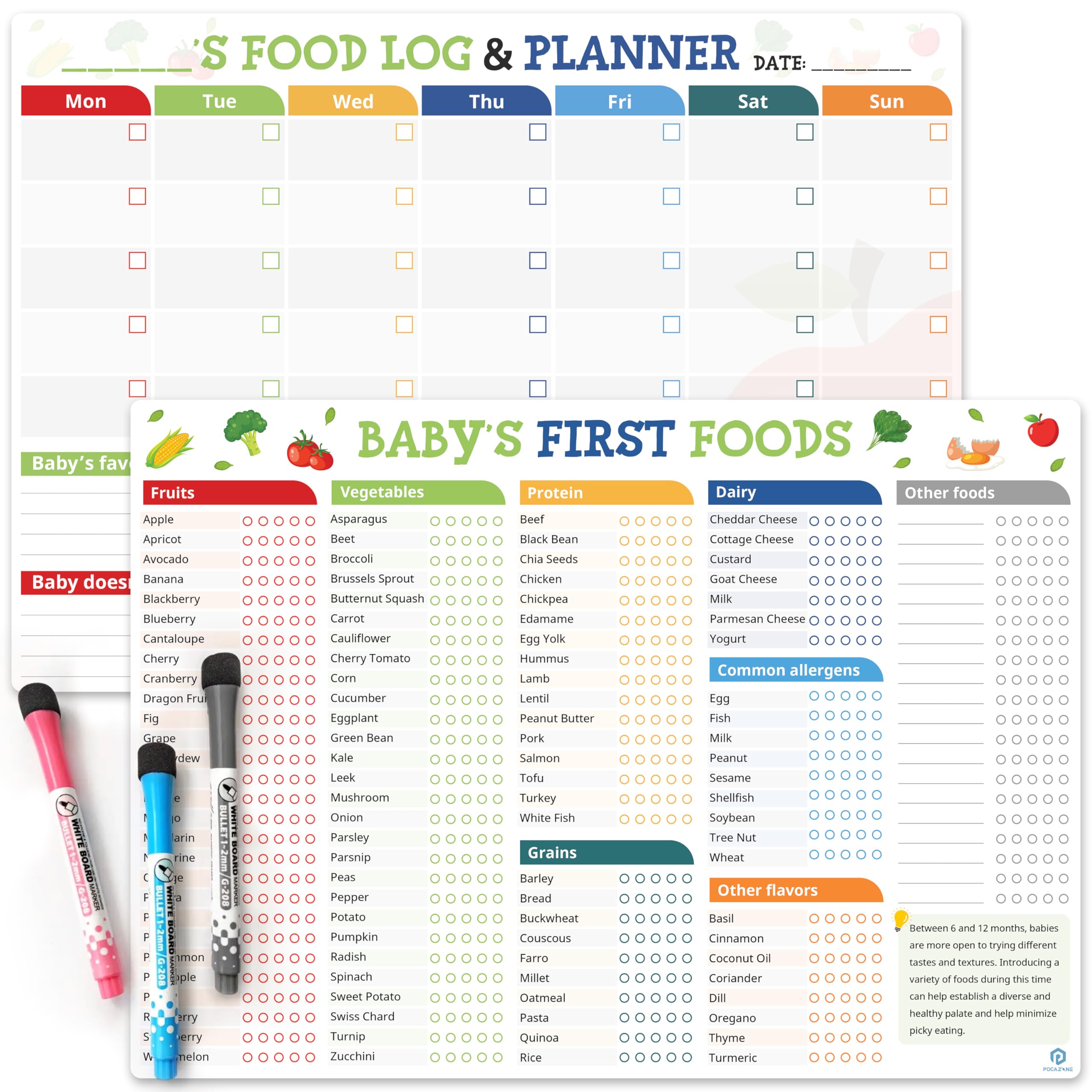 POCAZONE Set of 2 Baby First Foods Tracker Fridge Magnet, Nutrition Poster, Daily Log Meal Planner Checklist, 101 Foods Before 1, Dry Erase Whiteboard for Refrigerator, 3 Dry-Erase Markers