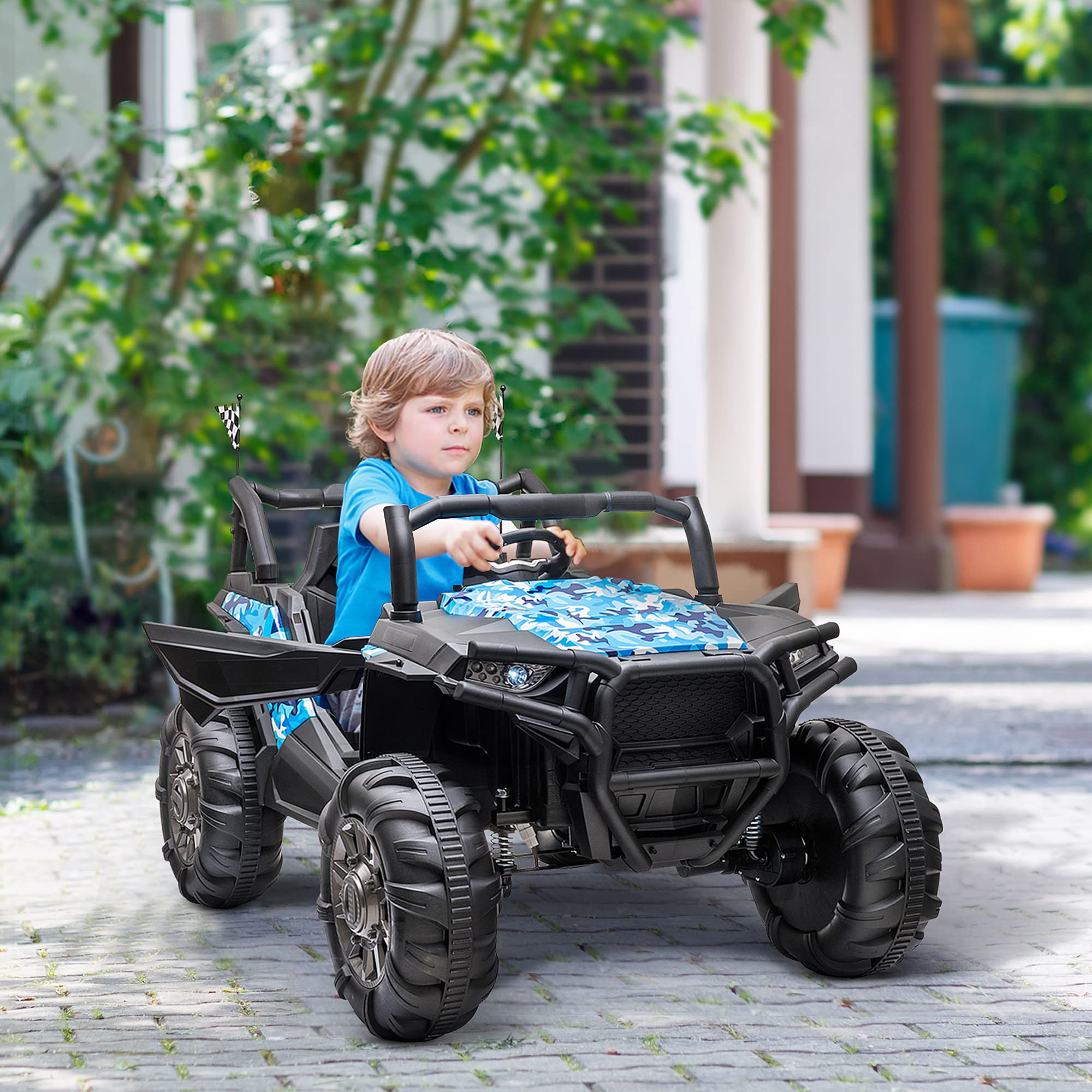 Aosom 12V Kids Ride On Car Electric Off-Road UTV Truck Toy with Parental Remote Control, Suspensions, USB, Bluetooth, 3 Speeds & 4 Motors, Camo Blue