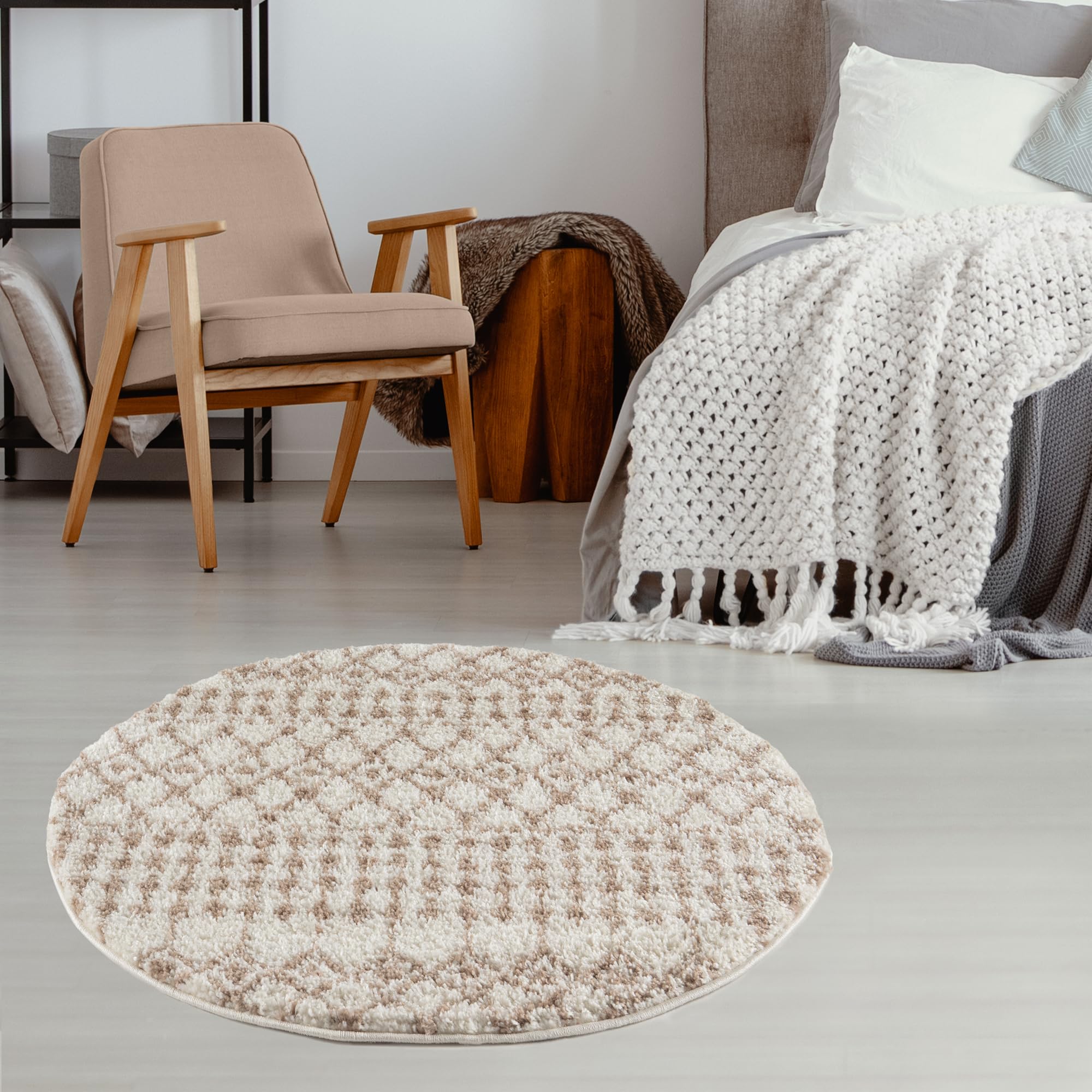 THE RUGS Modern Moroccan Design Living Room and Bedroom Rugs, Non-Shedding & Easy Care (Moroccan Ivory/Beige, 120 cm Round)