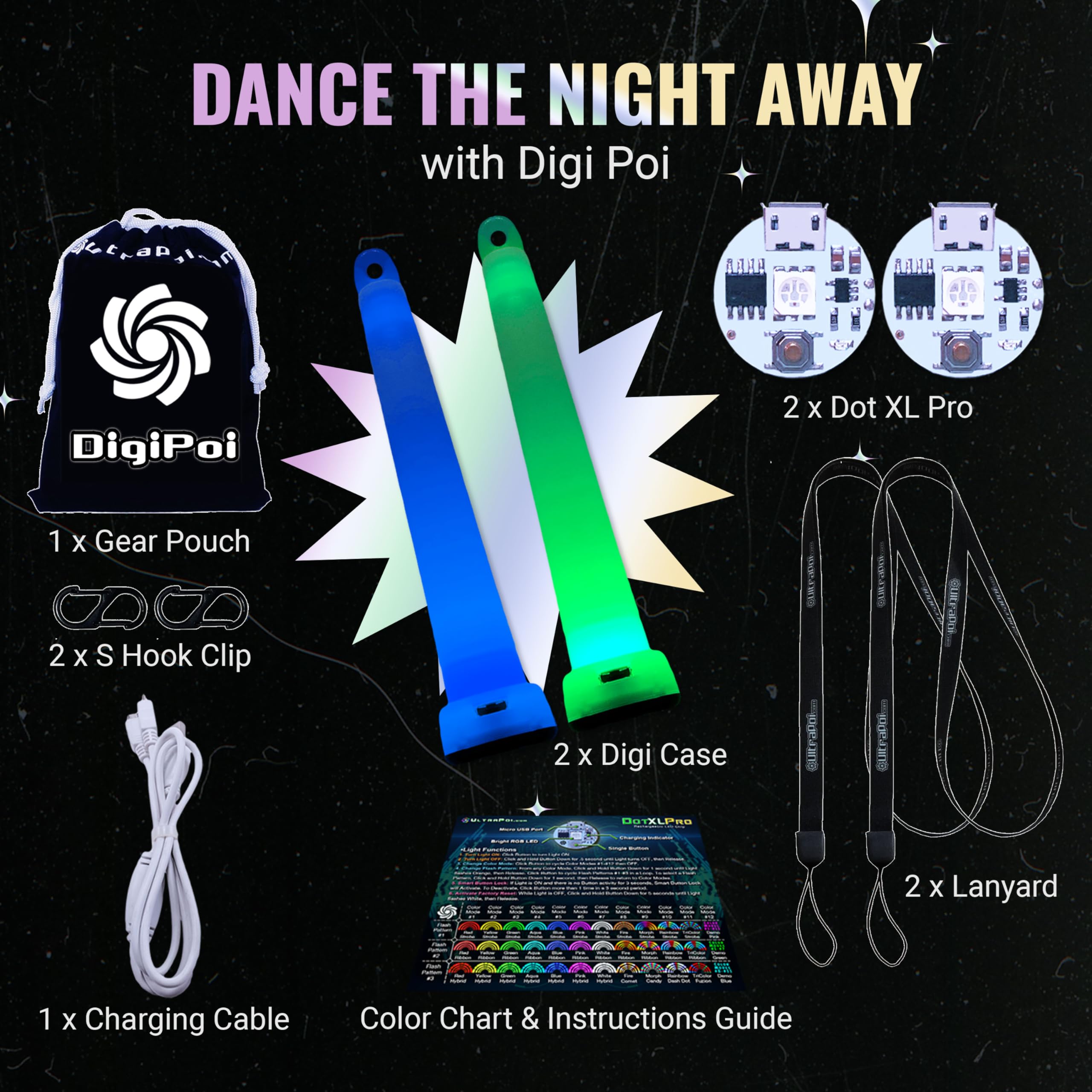 UltraPoi Digi Poi Set - Rechargeable Pocket LED Glow Stick Poi - Rainbow Light Stick with S Hook Clip & Lanyard - Customizable & Wearable LED Concert Light Stick for Poi, Camping, Backpacks & Parties