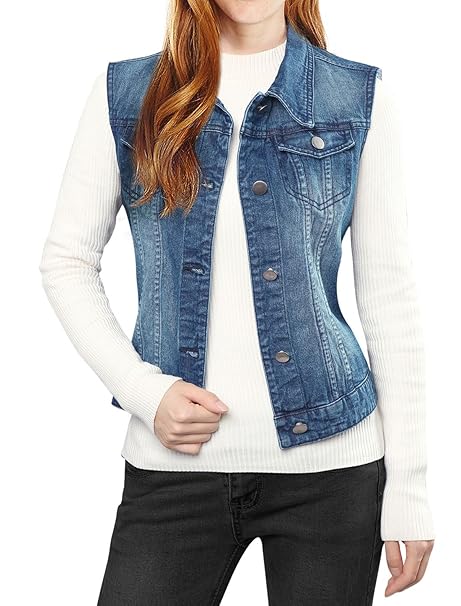 Allegra K Damen Ärmellos Button Gewaschener Jeansjacke Weste mit Brusttasche