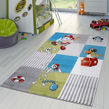 Kinder Teppich Piratenwelt Schatzkiste Papagei Spielzimmer Karo Türkis Grün Grau, Größe:160x220 cm