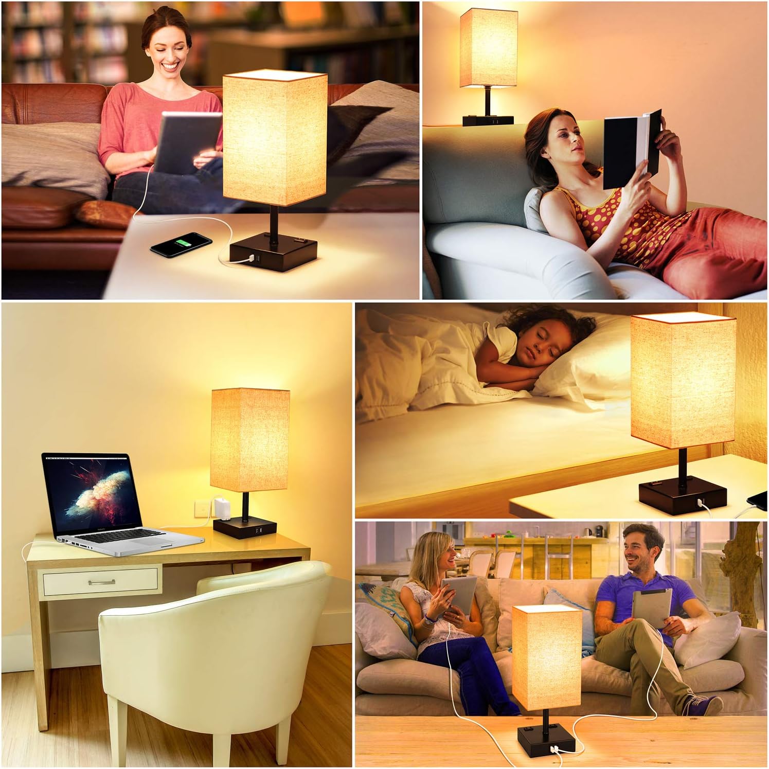 3 Way Dimmable Touch Control Table Lamp, Modern Bedside Desk Lamp with 2 Fast USB Charging Ports 2 AC Outlets, Nightstand Lamp for Bedroom Living Room Office, 60W LED Bulb Included, Black Base: Home Improvement