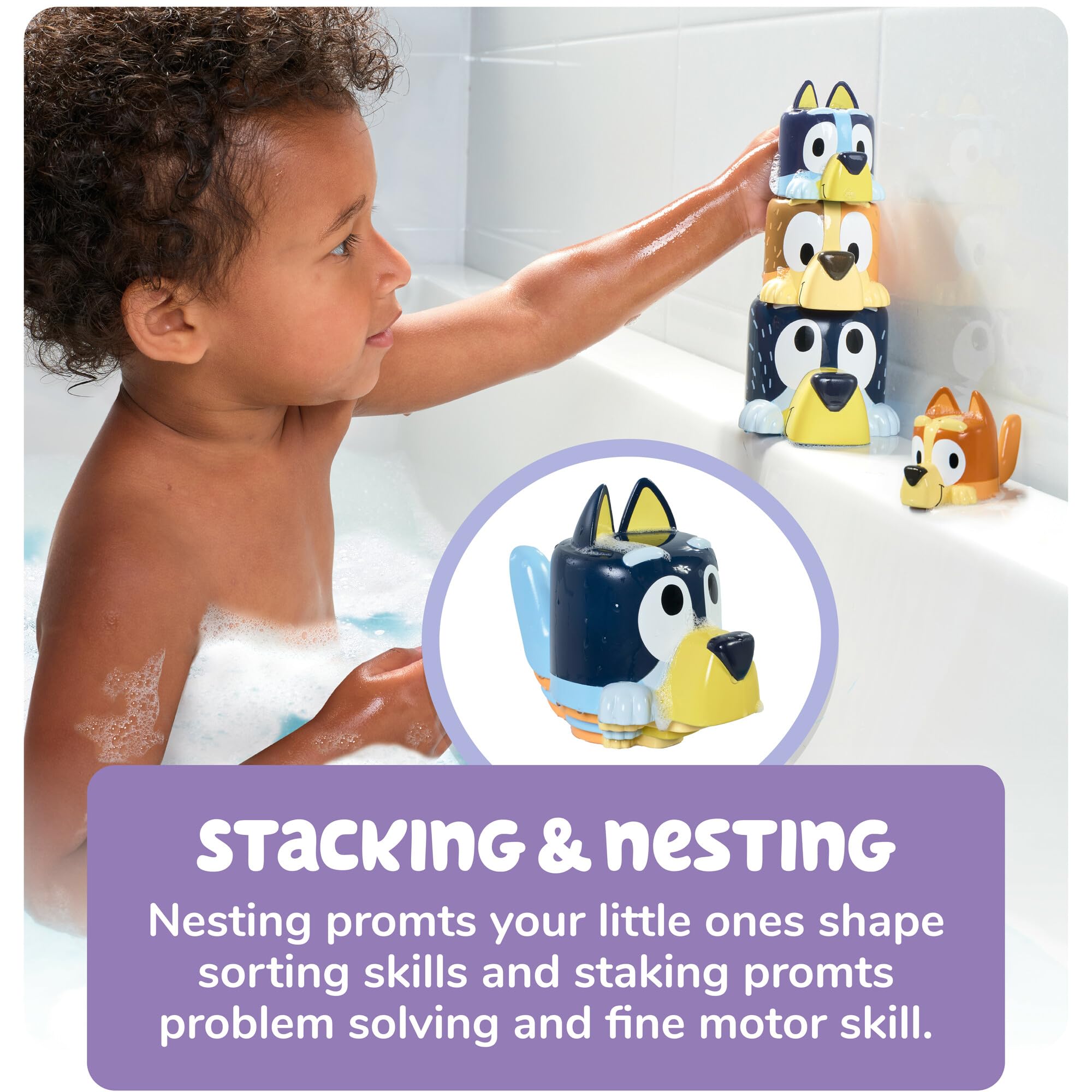 TOMY Toomies Bluey Bath Toys - Bluey's Family Pourers - Includes Chilli, Bandit, Bingo and Bluey Figures - Nesting and Stacking Cups for Bath, Beach or Pool - 4 Count - Ages 18 Months and Up