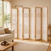 ALeesing 6 Panel Room Divider Folding Privacy Screen Light Brown | Decorative Freestanding Japanese Indoor Partition For Bedroom Home Office Apartment Wood Frame White Panel Space Divider