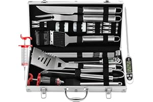 Grilljoy 24PCS BBQ Grill Tools Set with Meat Thermometer and Injector - Extra Thick Stainless Steel Fork, Spatula& Tongs - Complete BBQ Accessories in Aluminum Case - Perfect Grill Gifts for Men