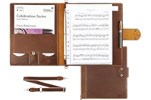 ROBRASIM Handmade Leather Sheet Music Folder, 3-Ring Choir Binder with Clear Sheet Protectors, Premium Leather Portfolio for Music Organizer & Office Use - Brown