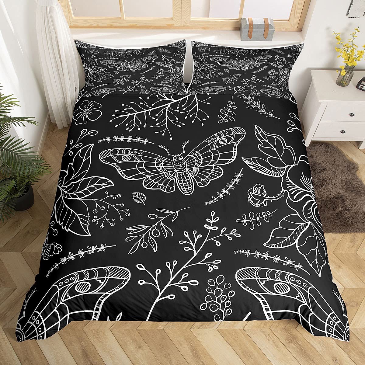 Moth Skull Bedding Set for Kids Boys Girls Floral Botanical Comforter Cover Black White Duvet Cover Flower Branches Bedding & Linen Double Size 3Pcs — image 1