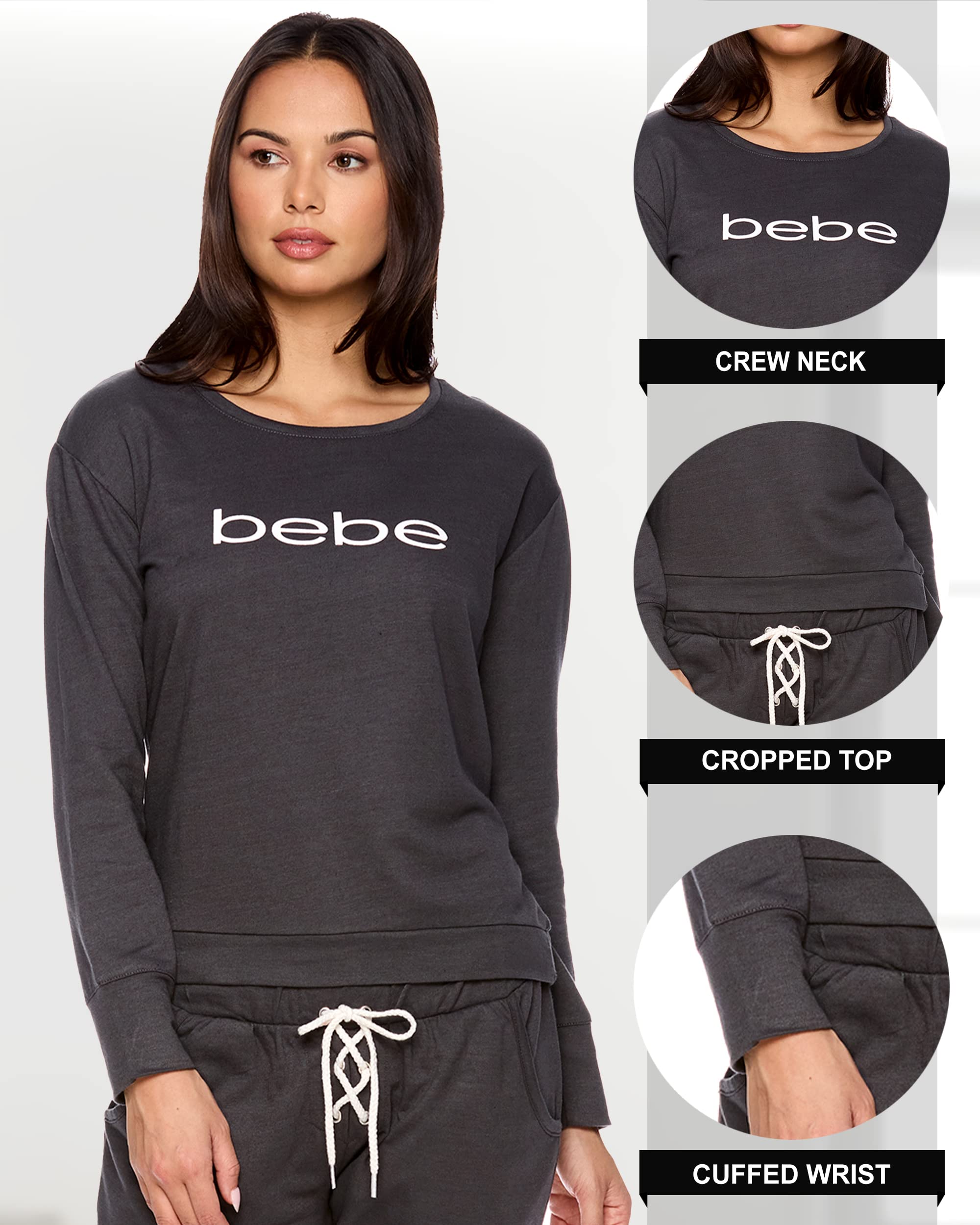 bebe Womens Pajama Sets - French Terry Pajamas Long Sleeve Pullover Top and PJ Pants with Pockets - Sleepwear for Women (Charcoal, Large)