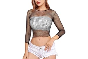 Lemon Girl Women's Fishnet Long Sleeve Crop Top Mini Lingerie Mesh Babydolls Chemises Nightwear One Size