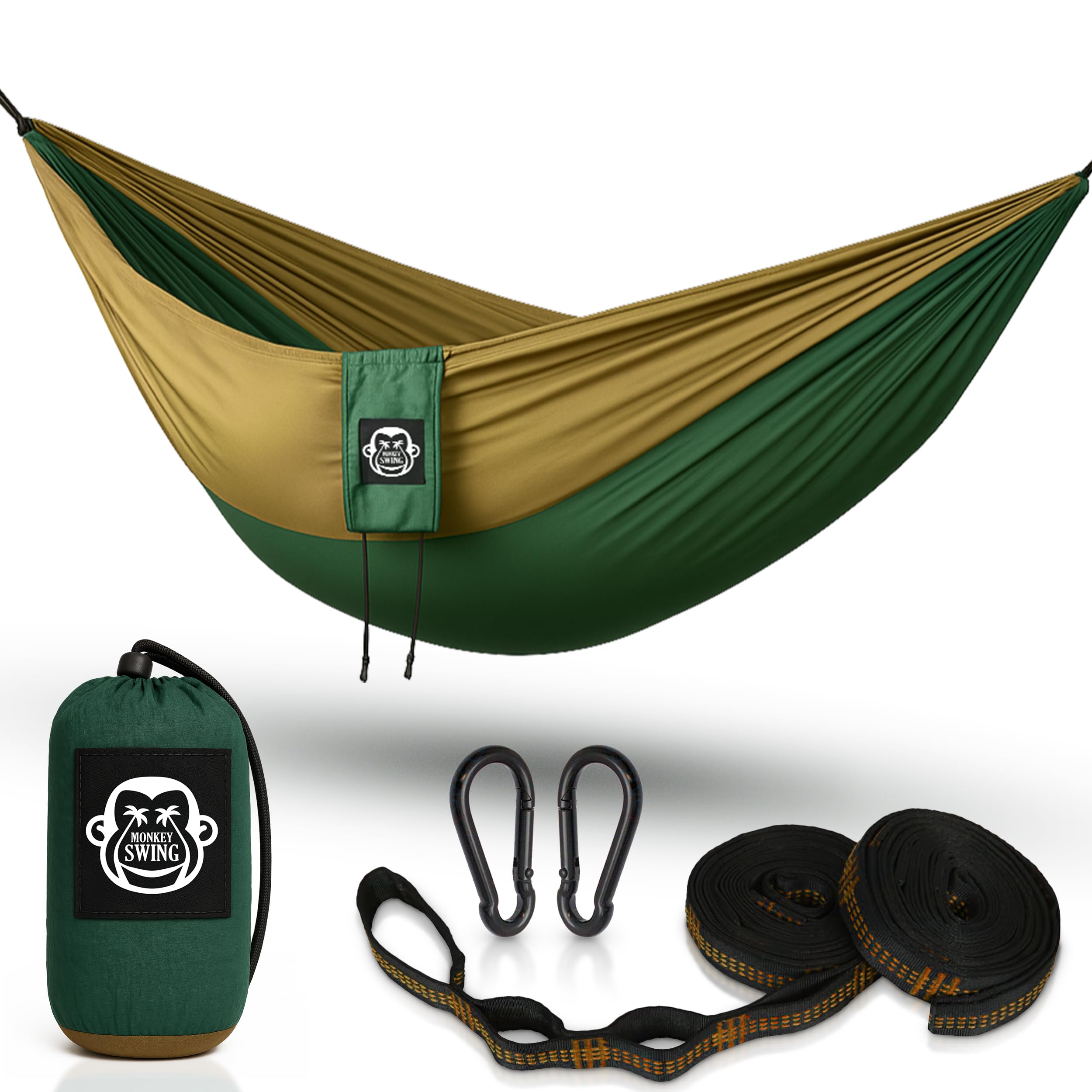 Monkey Swing Ultralight Hammock incl. Carabiners & Heavy-Duty Tree Straps (Up to 300 kg Load, 275 x 140 cm) – Ideal Camping Hammock for Outdoor, Trekking & Travel (Green/Khaki)