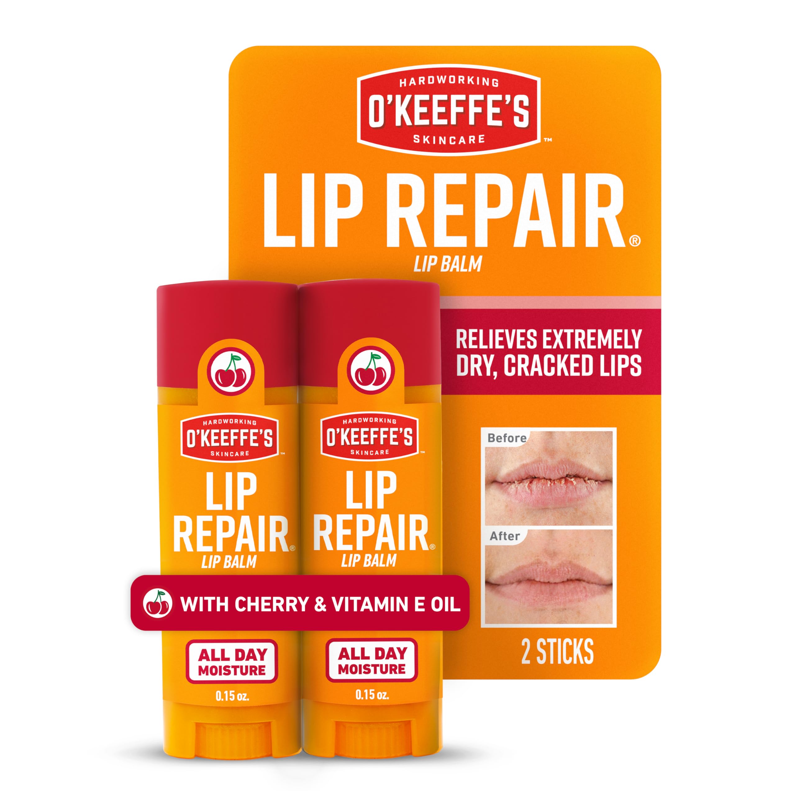 O'Keeffe's Lip Repair Lip Balm with Cherry & Vitamin E Oil - Stick (Twin Pack) - Moisturizer for Extremely Cracked, Dry Lips