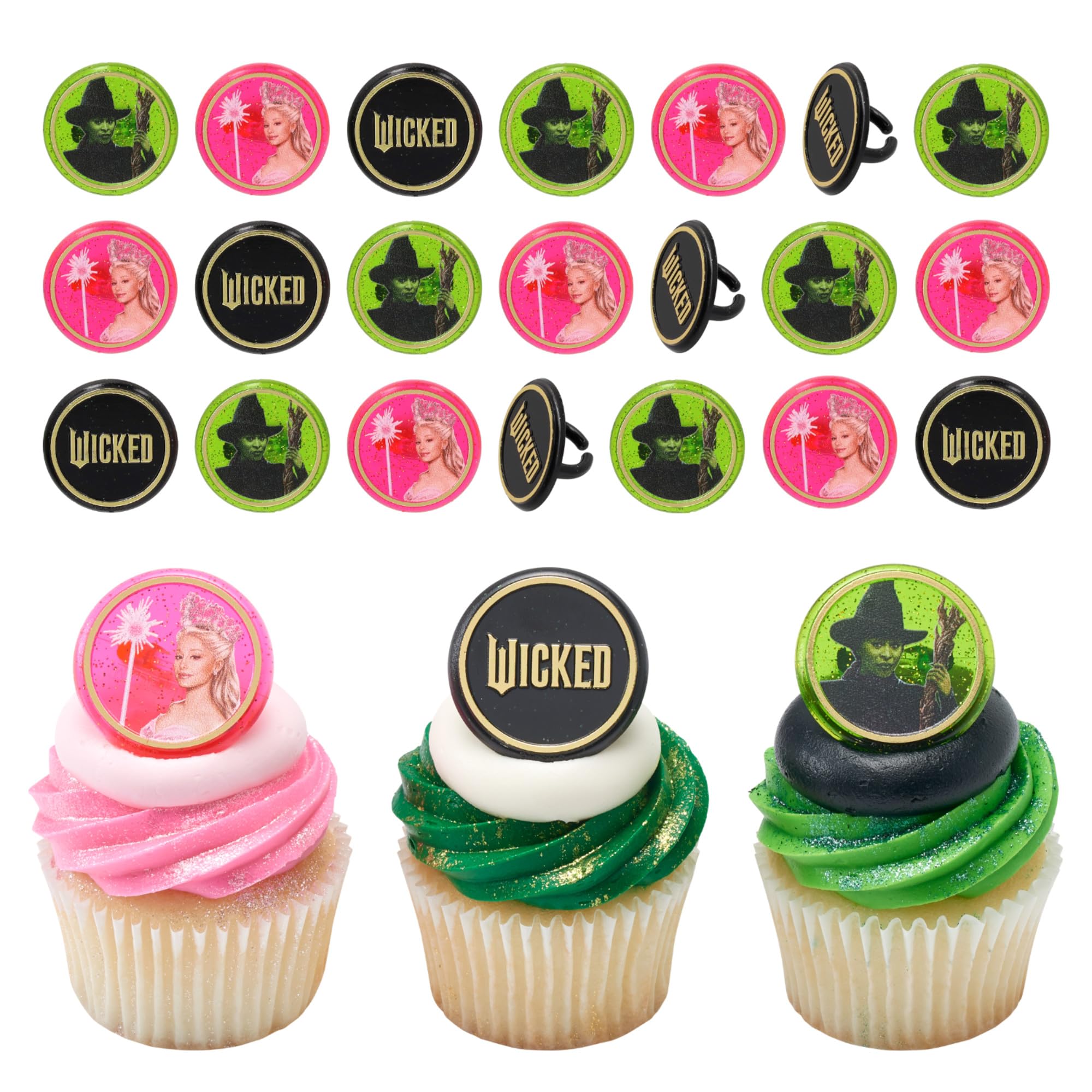 Photo 1 of **PINK RINGS ARE MISSING** Wicked Cupcake Rings With Glinda And Elphaba, 24 Cupcake Toppers For Cakes, Birthday's, Celebrations, Food Safe Cake Decorations - 24 Pack