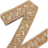 CABODYALS 15 Yards 2.17 Inch Gold Embroidered Ribbon Boho Flower Woven Jacquard Fabric Ribbons Sequin Bead Embroidery Floral Applique Trim Tape for Sewing Making Craft Wedding Clothes Dress Home Decor