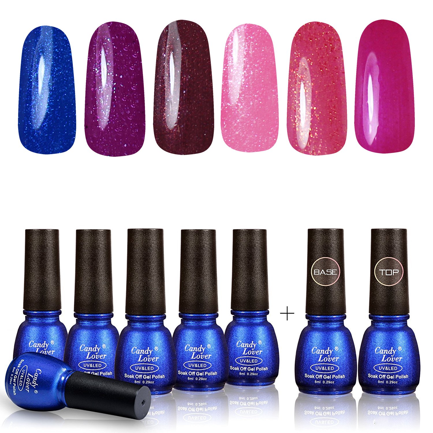 Professional Gel Polish UV LED - Soak Off Nail Lacquers Kit with Clear Base Coat and Top Coat for French Manicure Pedicure, Pack of 8, 8ml Each (Set #08)