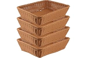 MUKCHAP 4 Pack 11.8 Inches Poly Wicker Woven Bread Baskets,Rectangular Imitation Rattan Baskets for Fruit,Food,Vegetables(Bro