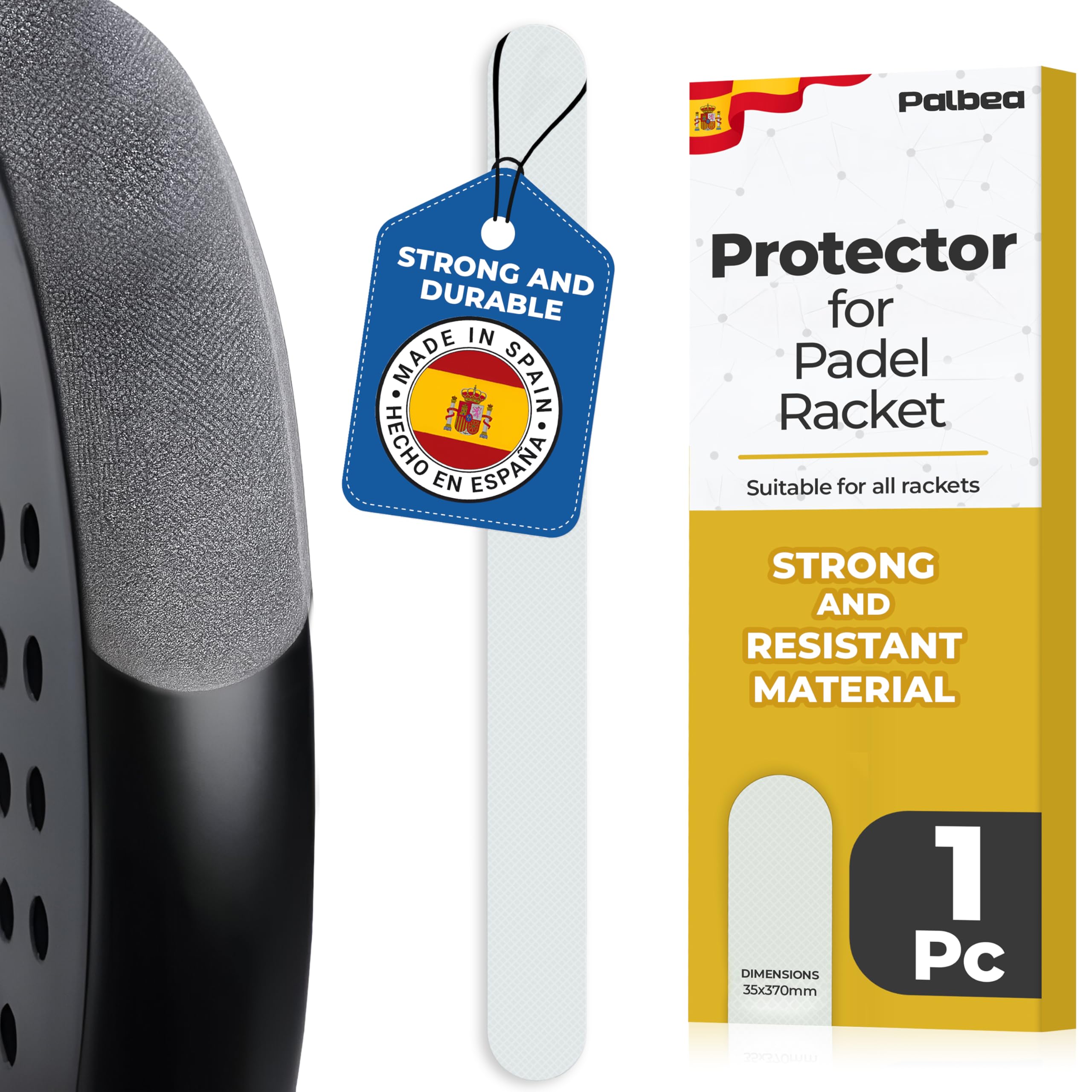 Palbea Transparent Padel Racquet Protector - Pack of 1 - Rough & Lightweight Padel Racket Head Bumper Protection - Durable & Easy to Replace - Dimensions 35x370mm
