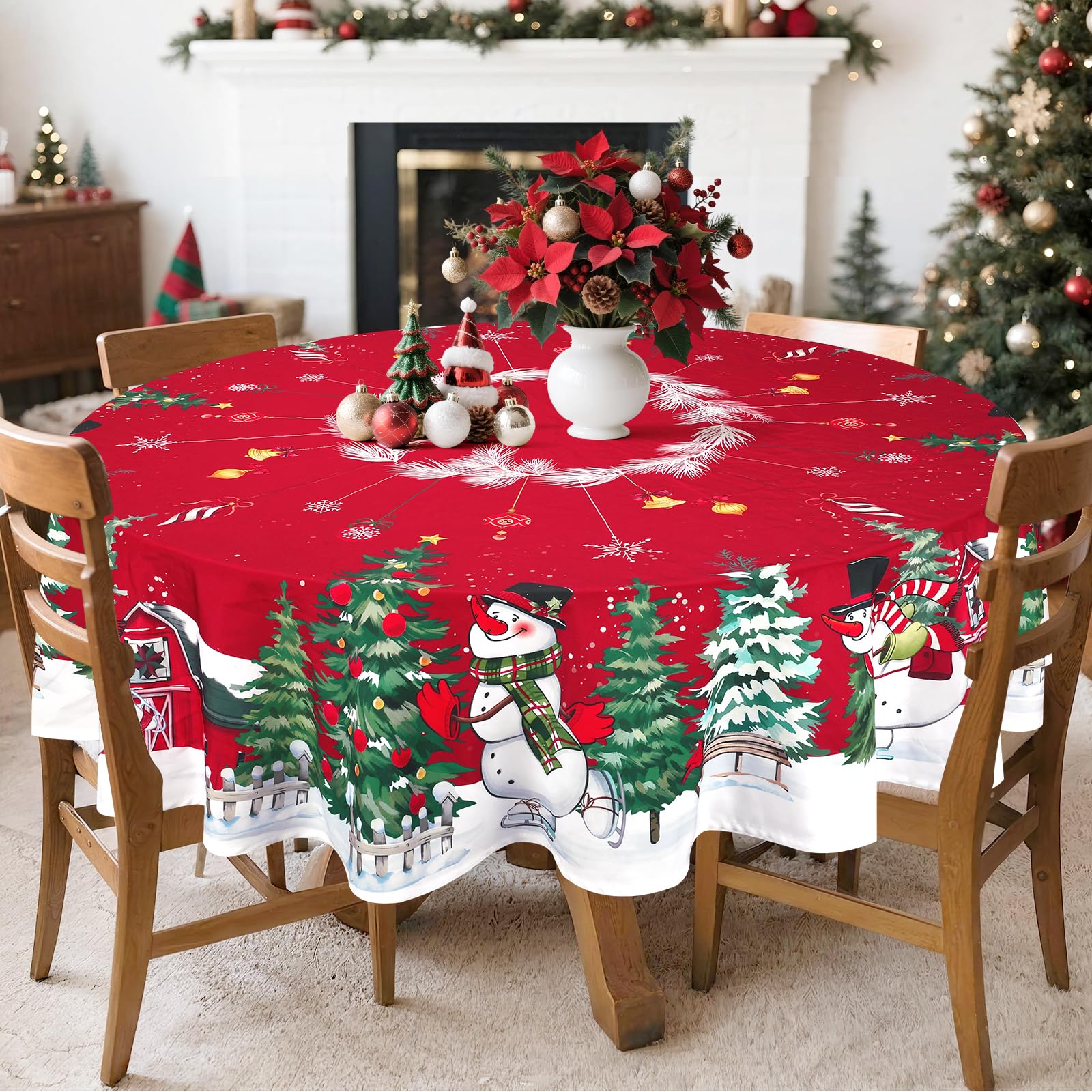 Photo 1 of Arquiel Christmas Snowman Tablecloth Waterproof, Tree Farmhouse Table Cloth Round, Washable Table Cover for Christmas Party Home Kitchen Decoration (70 Inch, Round)