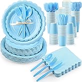 Ziliny 350 Pcs Baby Blue Plates and Napkins, 50 Guest Spring Party Supplies Include Scalloped Paper Plates Napkins Cups Plastic Spoons Forks Knives Disposable Tableware Set for Baby Shower