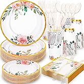 Gudvilla 350PCS Floral Paper Plates Set, Disposable Plates With Gold Rim Serve 50 Guests, Party Supplies for Adults Garden Tea Party Bridal Shower Decorations