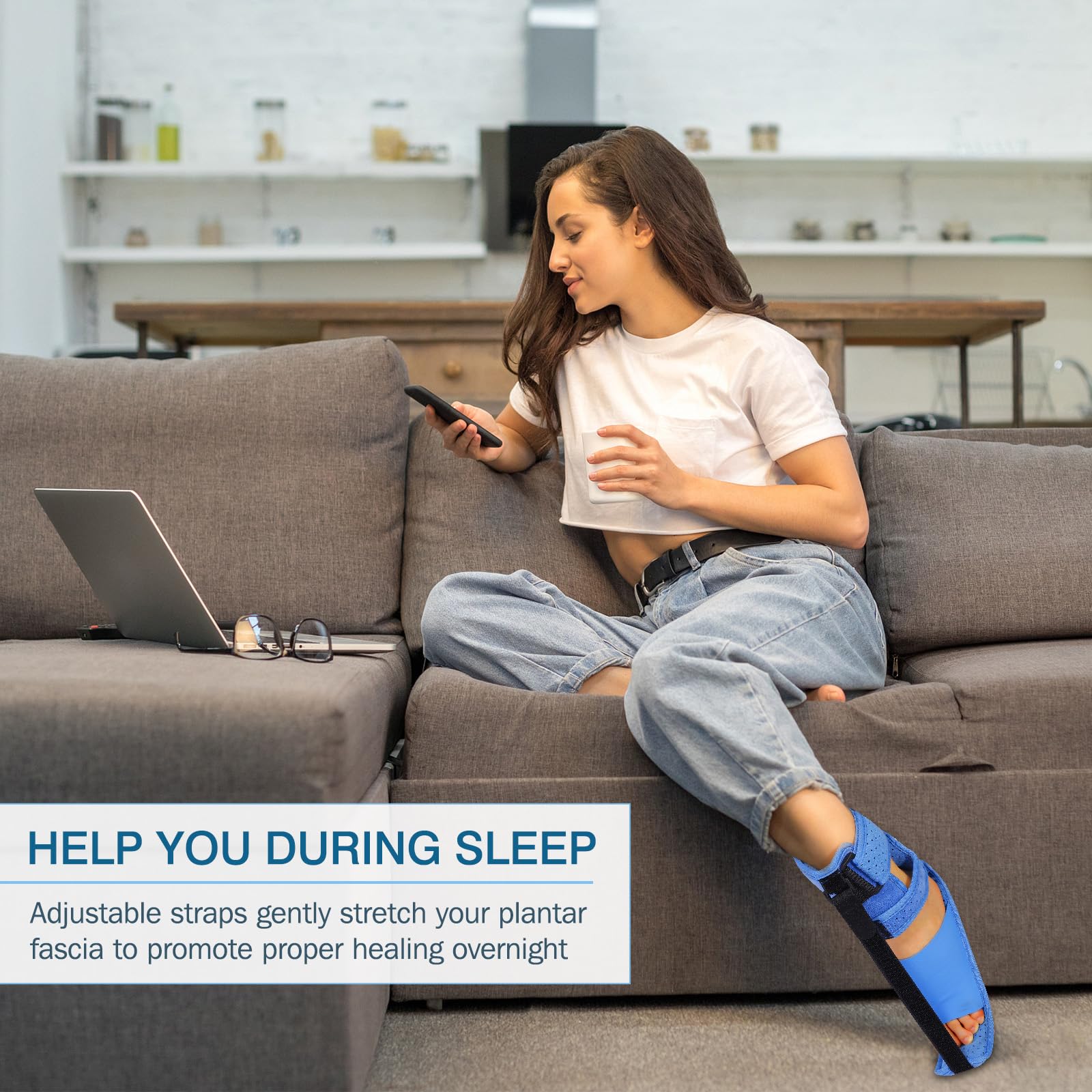 Upgrade Plantar Fasciitis Night Splint & Relief Brace with Adjustable Straps - Support for Achilles Tendonitis, Heel Spur Pain, Day & Night Use(1, Blue)