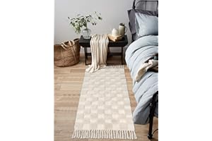 Lanffia Boho Checkered Tufted Rug - 2x4.3 Runner Rug Beige Hallway Runner Washable with Tassels Indoor Farmhouse Floor Carpet for Kitchen Bathroom Laundry Doorway Bedroom Living Room